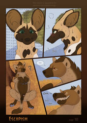 african_wild_dog ambiguous_gender animal_genitalia blush bodily_fluids brown_body brown_fur canid canine comic confusion duo english_text facial_markings female feral fur genitals grass green_eyes head_markings hi_res hyaenid laugh mammal markings nervous outside paper-wings plant pseudo-penis red_eyes smug spots spotted_body spotted_fur spotted_hyena sweat tan_body tan_fur text tree white_body white_fur yuri