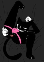 1boy anthro asshole balls big_balls big_eyes big_penis black_bed black_eyes black_fur black_nose cartoon_cat cat_ears cat_tail claws feline gay grabbing_ass leg_up legs_open looking_at_viewer male_anus male_only on_bed paws pink_panties riskaver_(artist) smiling top_view trevor_henderson white_gloves winking yaoi