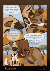 african_wild_dog ambiguous_gender animal_genitalia brown_body brown_fur canid canine comic dialogue duo english_text facial_markings female feral fur genitals grass green_eyes head_markings hi_res hyaenid laugh lying mammal markings on_side outside paper-wings plant pseudo-penis red_eyes spots spotted_body spotted_fur spotted_hyena tan_body tan_fur text tree white_body white_fur