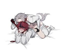 2boys ahoge all_fours anal animal_ears aotsuki_eito asphyxiation black_gloves black_hair blush closed_eyes commentary cum dog_boy dog_ears dog_tail doggy_style drooling english_commentary gay gay_male gloves grey_hair hands_on_own_hips highres holding holding_leash leash leash_pull male male_focus multicolored_hair multiple_boys pants parted_bangs pubic_hair red_eyes red_hair rolling_eyes sex sex_from_behind shirt short_hair simple_background strangling streaked_hair sumino_takumi sweat tail tail_wagging the_hundred_line_-last_defense_academy- tsu_(lovesick1964) white_background white_pants white_shirt yaoi