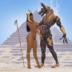 1boy 1girls ancient_egypt anubis dark_skin dark_skinned_female egyptian erection frans_mensink grabbing_balls hand_on_balls nude_female nude_male penis pubic_hair tagme