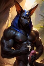 ai_assisted ai_generated anthro anubian anubian_jackal anubis balls ballsack chest cum cum_drip cumshot dark-skinned_male dark_body dark_penis dark_skin ear erect erect_nipples erect_penis erection male male_focus male_only muscle muscles muscular muscular_anthro muscular_arms muscular_male muscular_thighs naked naked_male nude nude_anthro nude_male pointed