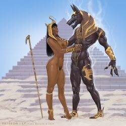 1boy 1girls ancient_egypt anubis dark_skin dark_skinned_female egyptian frans_mensink no_penis no_sex nude_female nude_male pubic_hair tagme