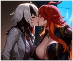 2girls 2milfs 2women ai_generated arlecchino_(genshin_impact) flirting genshin_impact girl_on_girl kissing lesbian_couple lesbian_domination lesbian_kiss lesbian_sex lovers mavuika_(genshin_impact) yuri yuri yuri