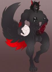 abs absurd_res alexzandr_sokolov anthro ball balls biceps big_tail black_body black_fur black_hair breasts broad_shoulders canid canine canis digitigrade floofy_tail fur genitals hair hand_on_hip herm hi_res intersex long_hair mammal markings medial_ring muscular muscular_thighs nipples ohmwreckt penis red_markings red_tail smile solo tail volleyball_(ball) wolf