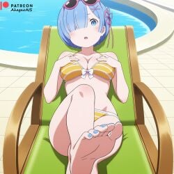 2d 2d_(artwork) 2d_artwork ahegao_ai bikini bikini_bottom bikini_top breasts feet feet_up patreon patreon_link patreon_logo patreon_url patreon_username re:zero_kara_hajimeru_isekai_seikatsu rem_(re:zero) solo solo_female solo_focus toes