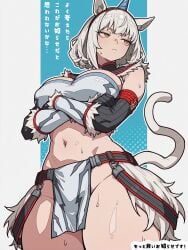 belt big_breasts bob_cut cat_ears cat_humanoid cat_tail embarrassed horns huge_breasts huge_thighs japanese_text navel oc original_character short_hair thighs white_hair yellow_eyes