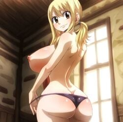 1girls ai_generated ass bedroom black_panties fairy_tail looking_back lucy_heartfilia panties panties_only smile solo