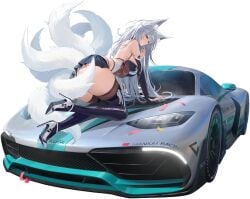 1girls animal_ears ass ass_focus azur_lane big_breasts blue_eyes car cleavage fox_ears fox_girl game heel_boots kitsune light-skinned_female official_art race_car race_queen shinano_(azur_lane) shinano_(moonlit_chrome)_(azur_lane) skirt solo stockings suggestive suggestive_look suggestive_pose tail white_hair