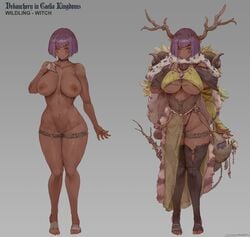 1girls antlers bare_shoulders black_legwear breasts clavicle cutesexyrobutts dark-skinned_female dark_skin debauchery_in_caelia_kingdoms female female_only grey_background large_breasts nipples original red_eyes simple_background solo thighhighs thighs underboob wide_hips