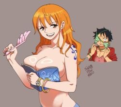 2d big_breasts book book_covering_breasts breasts busty cleavage clothing female female_focus holding_object hourglass_figure long_hair looking_at_another male meme meme_reference monkey_d_luffy nami_(one_piece) one_piece ouch_meme panties shampowrado tagme tattoo wide_hips