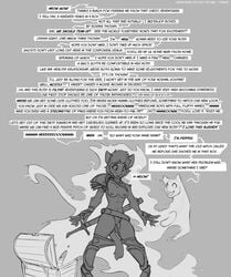 adventurer ambiguous_gender anthro armor breasts clothing dialogue domestic_cat duo english_text felid feline felis female feral fur gender_transformation genitals ghost grey_background hair haunted hi_res human_to_anthro mammal melee_weapon meow monochrome mtf_transformation nipples nude open_mouth penis penis_shrinking simple_background species_transformation speech_bubble spirit sword text torn_clothing transformation treasure_chest watsup weapon