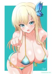 1girls absurd_res artist_name bare_shoulders bikini blonde_hair blue_bikini boku_wa_tomodachi_ga_sukunai butterfly_hair_ornament cameltoe cleavage female_focus fingernails hair_between_eyes hair_ornament large_breasts leaning_forward long_hair looking_at_viewer navel pointing_at_viewer sena_kashiwazaki sidelocks solo stoneriver swimsuit thighs