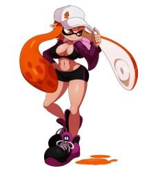 1girl 1girls 2016 2016s adjusting_headwear alternate_breast_size anthro baseball_cap belly_button big_breasts bike_shorts black_shorts blunt_bangs breasts cephalopod cephalopod_humanoid cleavage cleavage_cutout clothed clothes clothing_cutout crop_top digital_drawing_(artwork) digital_media_(artwork) female female_focus female_only hair hand_on_hip hand_on_own_hip hat headgear headwear highres hood hoodie humanoid inkling inkling_girl inkling_player_character large_breasts long_hair long_sleeves mask_(marking) matching_hair/eyes navel nintendo open_clothes open_hoodie orange_eyes orange_hair paint_splatter pointy_ears purple_shoes revealing_clothes shoes short_shorts shorts simple_background single_vertical_stripe smile sneakers solo solo_female solo_focus splatoon splatoon_(series) squid squid_humanoid sssonic2 standing tentacle tentacle_hair white_background