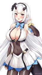 blush cleavage dragon_girl dragon_tail dress epic7 female hair_ornament horns large_breasts long_hair open_mouth red_eyes smiling unknown_artist video_game white_hair yufine_(epic7)