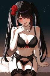 bed bedroom bikini black_hair black_legwear garter_straps open_mouth red_eyes red_hair rose tagme tokisaki_kurumi tongue_out twintails yellow_eyes