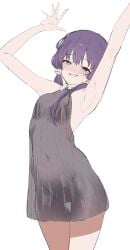 armpits arms_up blush breasts collared_dress cowboy_shot dress highres navel purple_eyes purple_hair pussy see-through_clothes see-through_silhouette small_breasts smile spread_fingers thigh_gap toriatamastudio twintails vocaloid voiceroid yuzuki_yukari