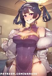 ai_generated azur_lane big_ass big_butt big_thighs blush china_dress fur_trim huge_ass huge_butt huge_thighs medium_breasts ning_hai_(azur_lane) purple_dress purple_eyes purple_hair wanuze wide_hips