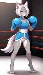 1girls 2025 ai_generated anthro blue_eyes bottomless bottomless_female boxing boxing_gloves digitigrade female female_only grey_fur hi_res indoors inner_ear_fluff innie_pussy looking_at_viewer mineru nintendo pussy short_hair smile the_legend_of_zelda the_legend_of_zelda:_tears_of_the_kingdom white_hair zonai