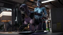 2girls 3d asari dinoboy555 exposed_breasts mass_effect samara strap-on tagme tali'zorah_nar_rayya yuri