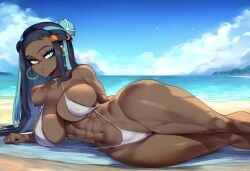 1girls abs ai_generated bare_arms bare_legs bare_shoulders bare_thighs big_breasts bikini black_hair blue_eyes color dark_skin dark_skinned_female female fit_female game_freak gym_leader hi_res large_breasts long_hair muscles muscular muscular_female nessa_(pokemon) nintendo paulinebabe pokemon pokemon_ss pokemon_trainer thick_thighs