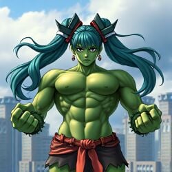 1girls ai_generated belt blue_hair fusion green_skin hatsune_miku hulk hulked_out hulksune large_breasts loincloth muscular muscular_female red_belt topless twintails vocaloid wrist_cuffs wristband