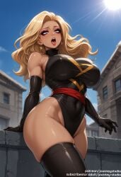 ai_generated armpit_crease avengers bangs bare_shoulders black_gloves black_legwear black_leotard black_thighhighs blonde_hair blue_eyes blue_sky blush breasts building captain_marvel carol_danvers clothing cloud covered_navel curvaceous dark-skinned_female dark_skin day earrings elbow_gloves english_text female female female_only gloves highleg highleg_leotard huge_breasts jewelry jousneystudio large_breasts legwear leotard lips lipstick long_hair looking_at_viewer makeup marvel marvel_comics ms._marvel_(carol_danvers) navel open_mouth original outdoors parted_bangs sash shiny_hair shiny_skin skin_tight skindentation sky solo standing star_(symbol) star_earrings sun sweat teeth thick_thighs thighhighs thighs tongue tongue_out wide_hips