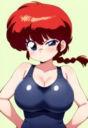 1girls ai_generated angry anime_style artist_request big_breasts large_breasts looking_at_viewer makeup pov ranma-chan ranma_1/2 ranma_saotome red_hair retro_artstyle simple_background swimsuit