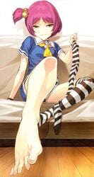 10s absurdres barefoot choker clothing feet female foot_fetish foot_focus foreshortening full_body green_eyes hair_bobbles hair_ornament highres looking_at_viewer naughty_face no_shoes official_art onigashira_kosuri outstretched_foot outstretched_leg pink_hair scan shimoneta_to_iu_gainen_ga_sonzai_shinai_taikutsu_na_sekai shimotsuki_eight short_hair short_sidetail shorts single_sock single_thighhigh sitting smirk socks solo striped striped_legwear thighhighs toenails toes wristband