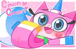 anus blue_eyes blush cute_fangs driosawm female genitals heart hi_res horn lego open_mouth open_smile presenting presenting_pussy pussy simple_background smile solo the_lego_movie unikitty unikitty!