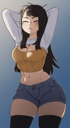 arms_behind_head arms_up bangs black_hair black_legwear black_thighhighs breasts brown_hair cleavage cleavage_cutout closed_eyes clothing clothing_cutout command_grab's_mom crop_top denim female female female_only large_breasts legwear long_hair long_sleeves midriff mole mole_on_breast mole_on_stomach navel nuclearwasabi original parted_lips posing shirt short_shorts shorts skindentation solo sweater thick_thighs thighhighs thighs younger_female