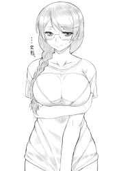 braid breasts cleavage cleavage_cutout clothing_cutout dr.p female female_focus glasses greyscale hanekawa_tsubasa huge_breasts long_hair monochrome monogatari_(series) panties shirt_tug simple_background solo translation_request underwear white_background