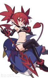 devil disgaea disgaea_d2 etna heart navel nippon_ichi_software prinny red_eyes red_hair small_breasts smile thighs tongue weapon white_background