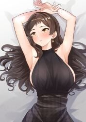 absurdres alternate_breast_size armpits arms_up b1ack_illust bed_sheet black_dress blush breasts brown_eyes brown_hair commentary dress earrings female hair_spread_out halter_dress halterneck highres idolmaster idolmaster_million_live! idolmaster_million_live!_theater_days jewelry kitazawa_shiho large_breasts long_hair looking_afar lying official_alternate_costume on_back on_bed parted_bangs parted_lips sideboob solo