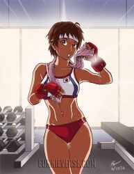 eunnie fit_female flat_belly gloves gym headband hourglass_figure hourglass_figured_female long_legs navel panties sakura_kasugano shapely short_hair sports_bra street_fighter sweaty teenage_girl toned_body toned_female towel towel_around_neck workout workout_clothes