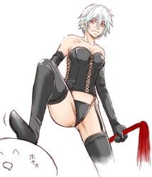 1girls bdsm_gear bdsm_outfit black_legwear bondage bustier canon_genderswap corset dominatrix dominatrix_outfit elbow_gloves female female_focus femdom garter_straps genderswap_(mtf) ginko_sakata gintama gintoki_sakata leather leather_boots leather_clothing leather_gloves low-angle_view red_eyes rule_63 short_hair smile solo_focus stepped_on thigh_boots togawa whip white_hair