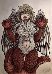 blonde_hair breasts chimera claws deidad_dissitum dungeon_meshi falin_touden falin_touden_(chimera) feathers growling hybrid mixed_media monster_girl not_porn partially_nude scales sfw thighs tummy wings