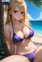 ai_generated bangs bare_shoulders beach bikini blonde_hair blue_sky blush breasts brown_eyes cleavage closed_mouth cloud collarbone dandanhub day female hair_ribbon large_breasts long_hair looking_at_viewer lucy_heartfilia navel ocean one_side_up outdoors palm_tree purple_bikini ribbon shiny sitting sky solo spread_legs stomach swimsuit thighs tree v-shaped_eyebrows watermark