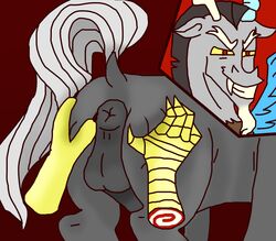 2020 anus balls chimera clipclipclop discord_(mlp) dock draconequus duo equid equid_taur feral friendship_is_magic fur genitals grey_body grey_fur hand_on_butt hasbro humanoid_taur male male/male male_only mammal mammal_taur my_little_pony nude penis puckered_anus raised_tail taur tirek_(mlp)