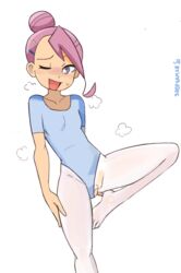 1girls ahoge athletic_leotard ballerina blue_leotard blush breasts clothed_masturbation clothing female female_only hair_bun leg_up leotard leotard_aside looking_at_viewer masturbation masturbation_through_clothing one_eye_closed pantyhose pike_(princess_tutu) pink_hair princess_tutu pussy small_breasts solo sooperman tight white_background white_legwear white_tights