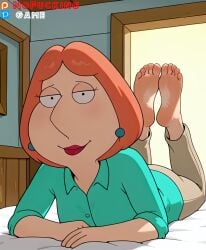 ai_generated ass barefoot bed bed_sheet bedroom clothing earrings family_guy feet feet_up female female_only foot_focus green_shirt indoors jewelry legs legs_up lips lipstick lois_griffin looking_at_viewer lying makeup mature mature_female milf nofuckinggame on_bed on_stomach orange_hair pants pillow red_hair shirt short_hair smile soles solo the_pose toes