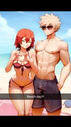 ai_generated ai_hands beach bikini blushing_male boku_no_hero_academia closed_eyes curvy_figure eijirou_kirishima female_eijirou genderbent genderswap_(mtf) heart_hands katsuki_bakugou my_hero_academia rule34lab rule63 rule_63 smile sunglasses text