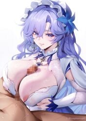 1boy :q absurdres blue_eyes breasts cantarella_(wuthering_waves) censored closed_mouth commentary covered_nipples female hair_between_eyes highres large_breasts long_hair looking_at_viewer mole mole_under_eye mosaic_censoring paid_reward_available paizuri penis purple_hair rourou_(been) simple_background smile solo_focus straight sweat tongue tongue_out twitter_username white_background wuthering_waves