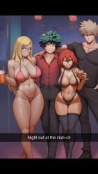 2boys 2girls ai_generated arms_around_partner bikini boku_no_hero_academia choker curvaceous curvy curvy_body curvy_female curvy_figure eijirou_kirishima female_eijirou genderbent genderswap_(mtf) holding_drink izuku_midoriya katsuki_bakugou large_breasts melissa_shield my_hero_academia nightclub photo rule_63 smile snapchat text thicc thick_thighs thighhighs