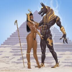 1boy 1girls ancient_egypt anubis cum cum_on_breasts cum_on_face dark_skin dark_skinned_female egyptian erection frans_mensink grabbing_balls hand_on_balls nude_female nude_male penis pubic_hair tagme