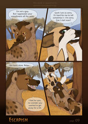 african_wild_dog ambiguous_gender brown_body brown_fur canid canine comic dialogue duo english_text facial_markings female female_only feral fur grass green_eyes head_markings hi_res hyaenid mammal markings outside paper-wings plant red_eyes spots spotted_body spotted_fur spotted_hyena tan_body tan_fur text tree white_body white_fur yuri