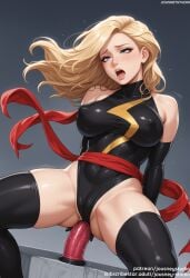 ai_generated anal anal_object_insertion arms_behind_back avengers bangs bare_shoulders black_legwear black_leotard black_thighhighs blonde_hair blue_eyes blush bodysuit boots breasts cameltoe captain_marvel carol_danvers clothed_masturbation clothing covered_navel dildo dildo_riding elbow_gloves erect_nipples female female female_masturbation female_only genital_fluids gloves highleg highleg_leotard impossible_leotard insertion jousneystudio large_breasts latex legwear leotard lips long_hair looking_at_viewer looking_down marvel marvel_comics masturbation masturbation_through_clothes moaning ms._marvel_(carol_danvers) navel nipples object_insertion open_mouth saliva sash sex sex_toy shiny_skin skin_tight solo spread_legs squatting sweat sweatdrop teeth thick_thighs thigh_boots thighhighs thighs vagina vaginal_insertion vaginal_juices vaginal_object_insertion vaginal_penetration