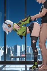ai_assisted ai_generated anby_demara ariavisions cum_in_pussy cum_on_body drooling female from_side full_body headphones holding_arms screaming short_hair standing_doggy_style white_hair yellow_eyes zenless_zone_zero zzz