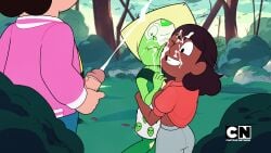 1boy 2girls accurate_art_style alien_girl confusion connie_maheswaran cum cum_on_face cum_on_glasses cum_on_visor cumshot female gem_(species) hugging human imminent_facial indian_female koturitsu male one_eye_closed penis peridot_(steven_universe) smile steven_quartz_universe steven_universe threesome