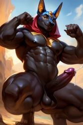 ai_assisted ai_generated anthro anubian anubian_jackal anubis balls ballsack chest cum cum_drip cumshot dark-skinned_male dark_body dark_penis dark_skin ear erect erect_nipples erect_penis erection male male_focus male_only muscle muscles muscular muscular_anthro muscular_arms muscular_male muscular_thighs naked naked_male nude nude_anthro nude_male pointed